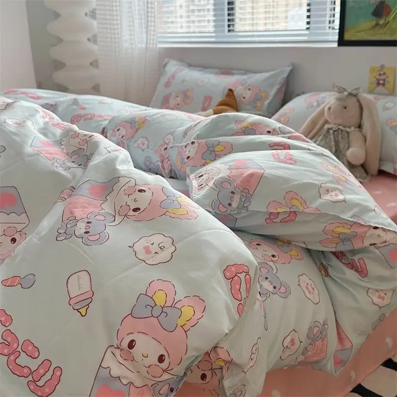 Hello Kitty Sanrio Maiden Heart Cartoon Bedding Ins Lovely Princess Style Bed Sheet Single Quilt Cover 4-Piece Minimalist Wind