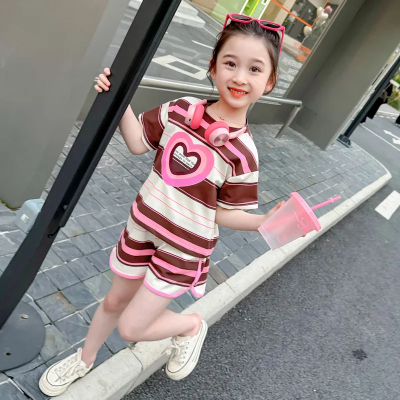 Children's New Set Summer Girls Fashion Stripe T-shirt Short Sleeve+Casual Shorts Set Princess Personalized Baby Clothing Set 7T