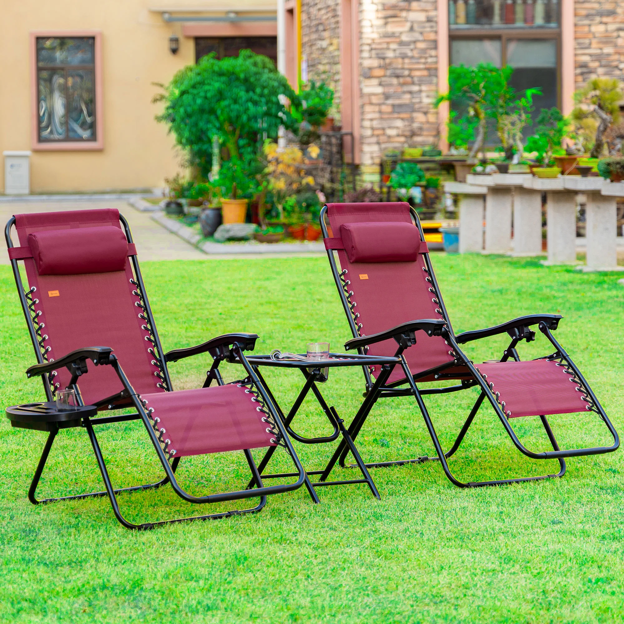 Zero Gravity Lounger Chair Folding Reclining Patio Chair W/ Side Table, Wine Red