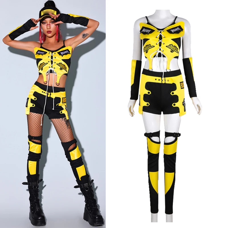 2024 Nowe kostiumy do tańca jazzowego dla kobiet Żółte stroje Kpop Dziewczyny Grupa Gogo Tancerze Hip Hop Performance Stage Clothes DN17715
