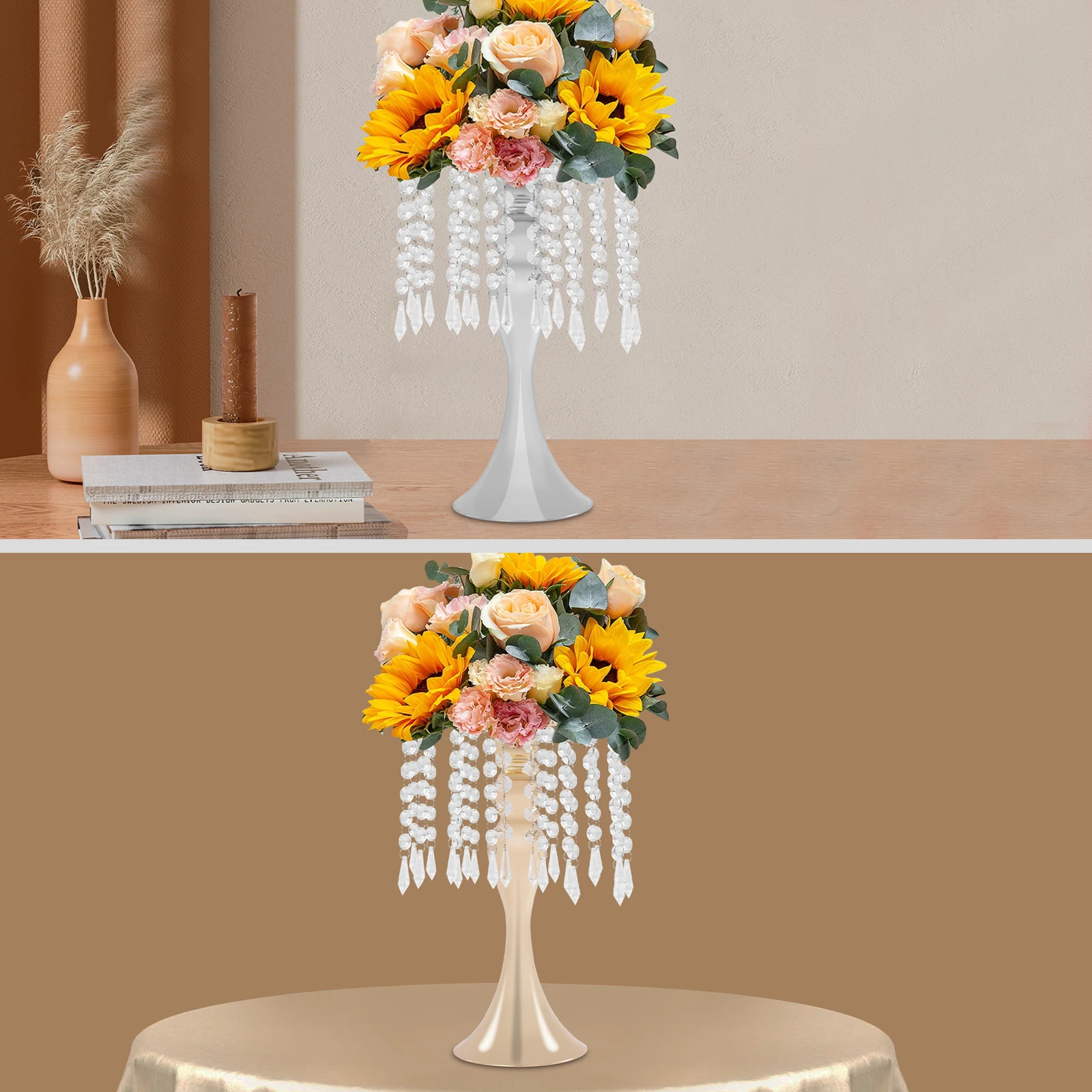 10 STKS 35 cm Goud/Zilver Kristallen Bloemstandaards, Top 20 cm Basis 13 cm Ijzeren Ronde Bloemenstandaard, Tafelblad voor Tuinen, Balkons