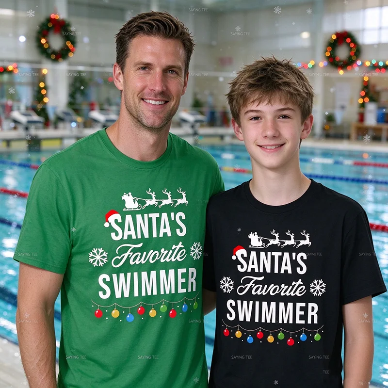 Santa's Favorite Swimmer Swimming Christmas Pajamas T Shirt Y2k Sportswear Xmas Costume Novelty Gift Soft Cotton T Shirts Unisex