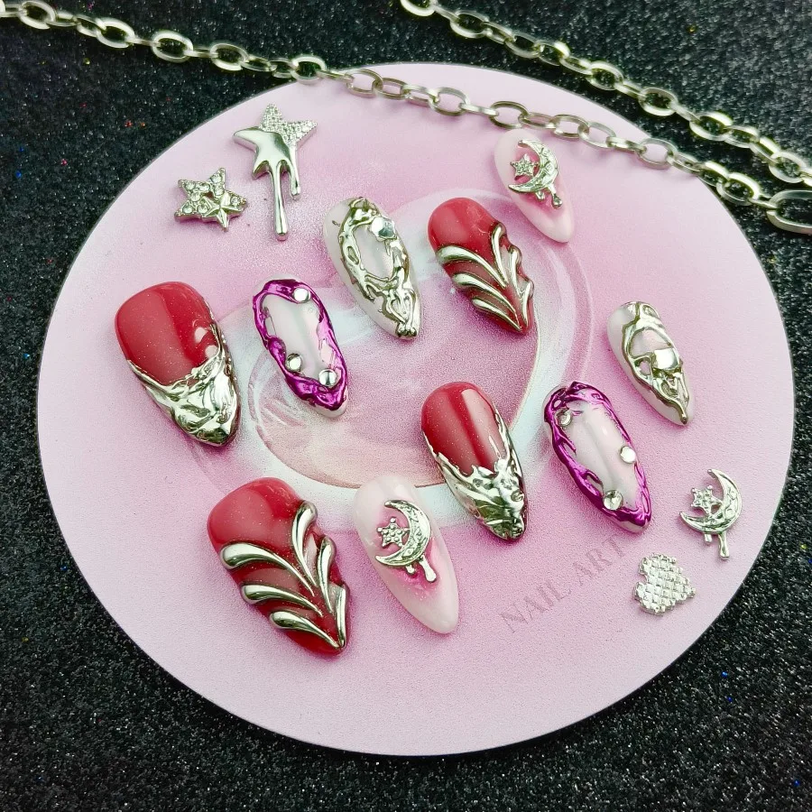 

10pcs Handmade Press On Nails Pink contrasting nail patches, exquisite silver accessories with adhesive fake nails.
