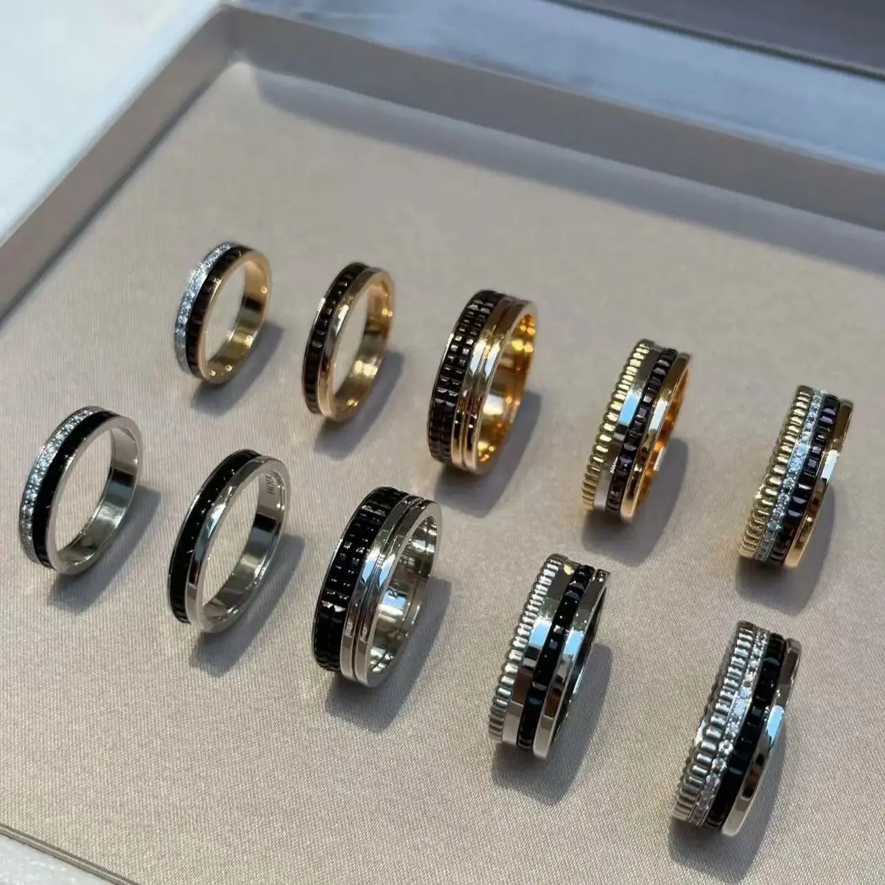 French Luxury Style Rotating Gear Rotatable Man and Woman Couple Rings Moissanite High quality Black White Square Festival Gift