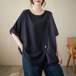 Women Summer Simplicity Loose Large Size Cotton and Linen Striped O-neck Short Sleeve T-Shirt Women Clothes Casual Trend Tops