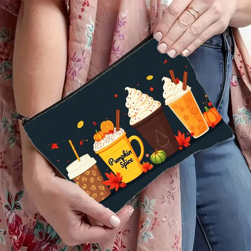 Women's Pumpkin Spice Latte & Coffee Print Cosmetic Bag Fall Autumn Themed Makeup Organizer Lightweight Travel Toiletry Pouch