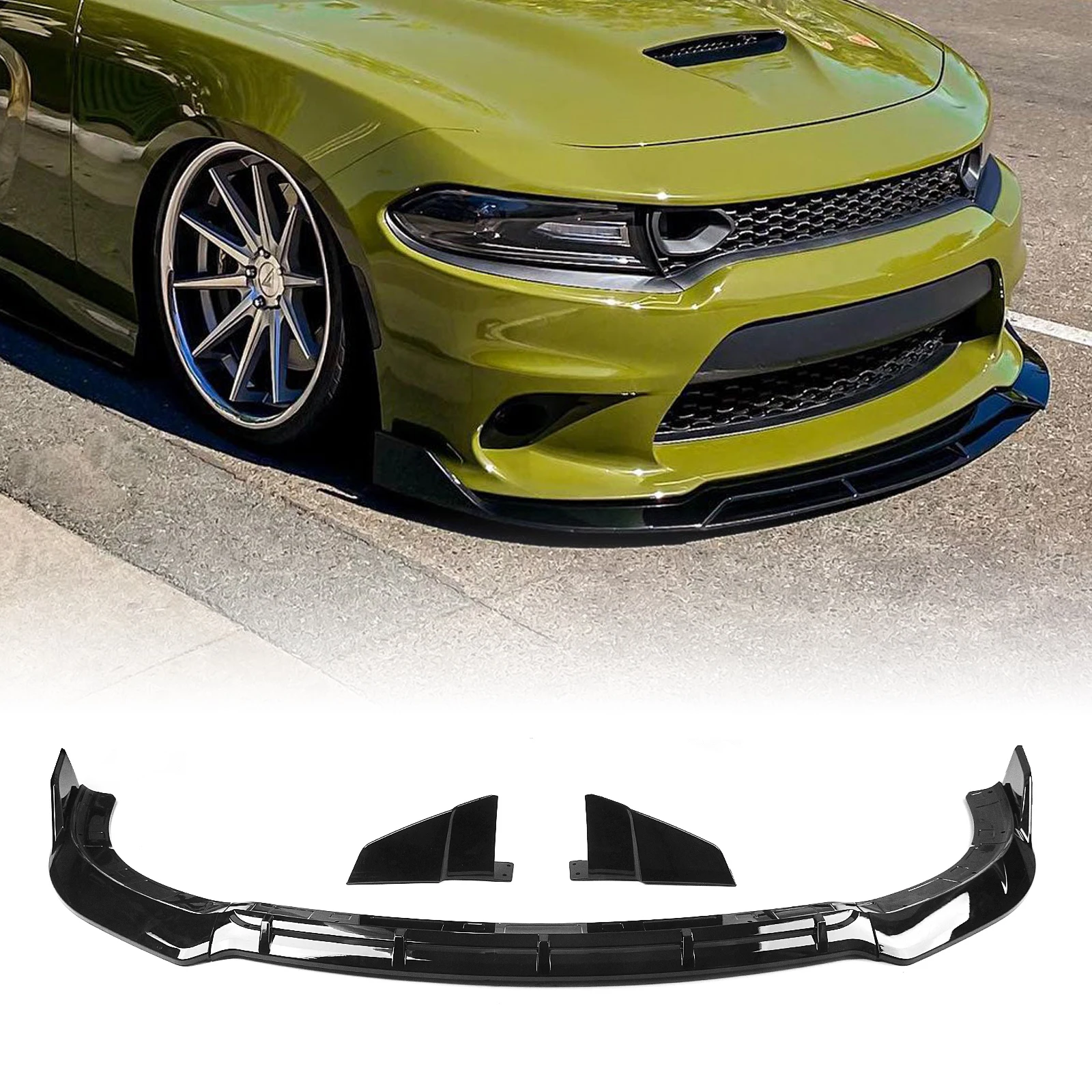

Для Dodge Charger Fast SRT R/T Scat 2015-2023 Седан 4-дверный, передний бампер, спойлер-губа, глянцевый черный нижний сплиттер, защитная накладка