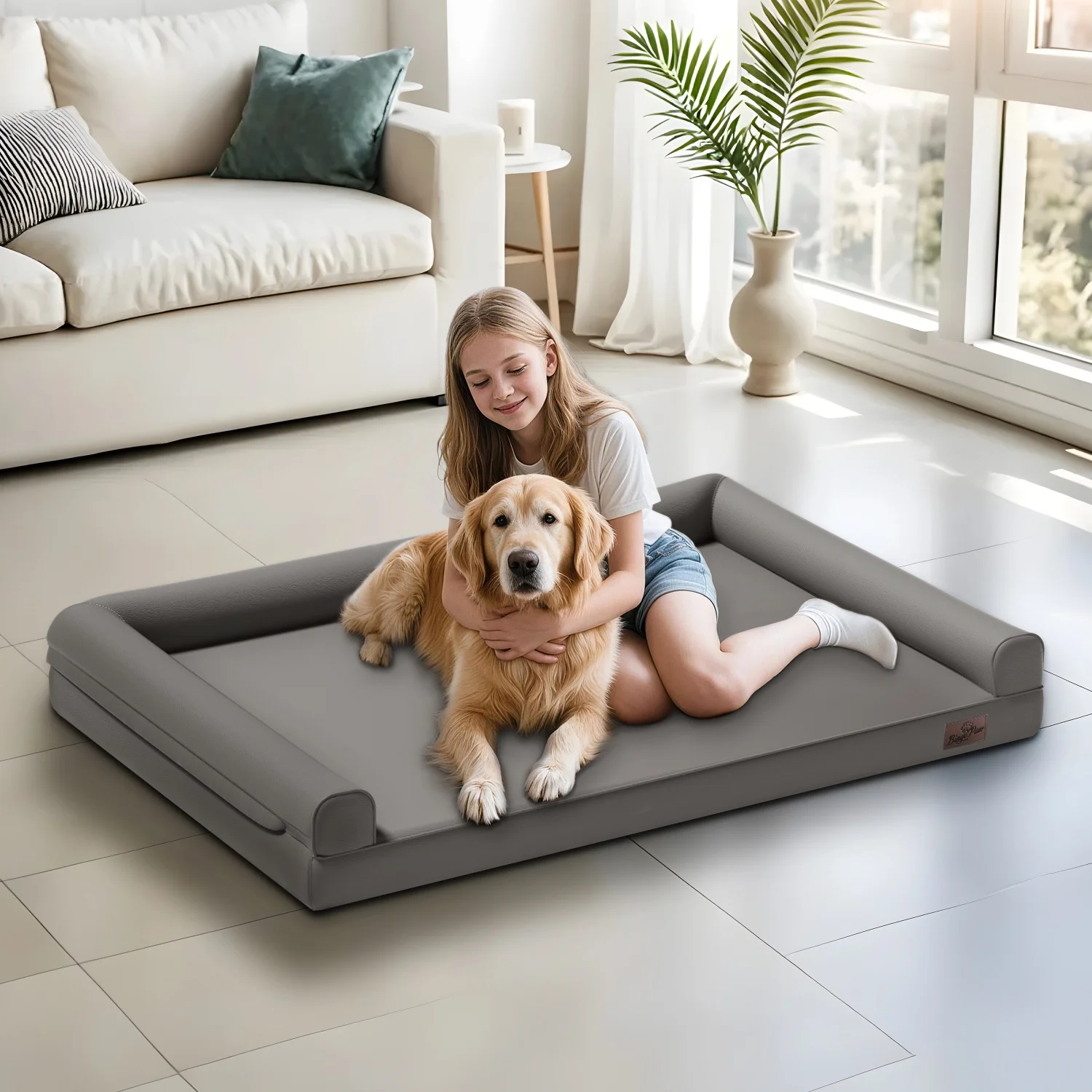 M-2XL Indoor Orthopedic Dog Bed with Supportive Base Bolster Pillow Pet Lounge Bed Sofa Microfiber Leather Cover for All Breed - view 3