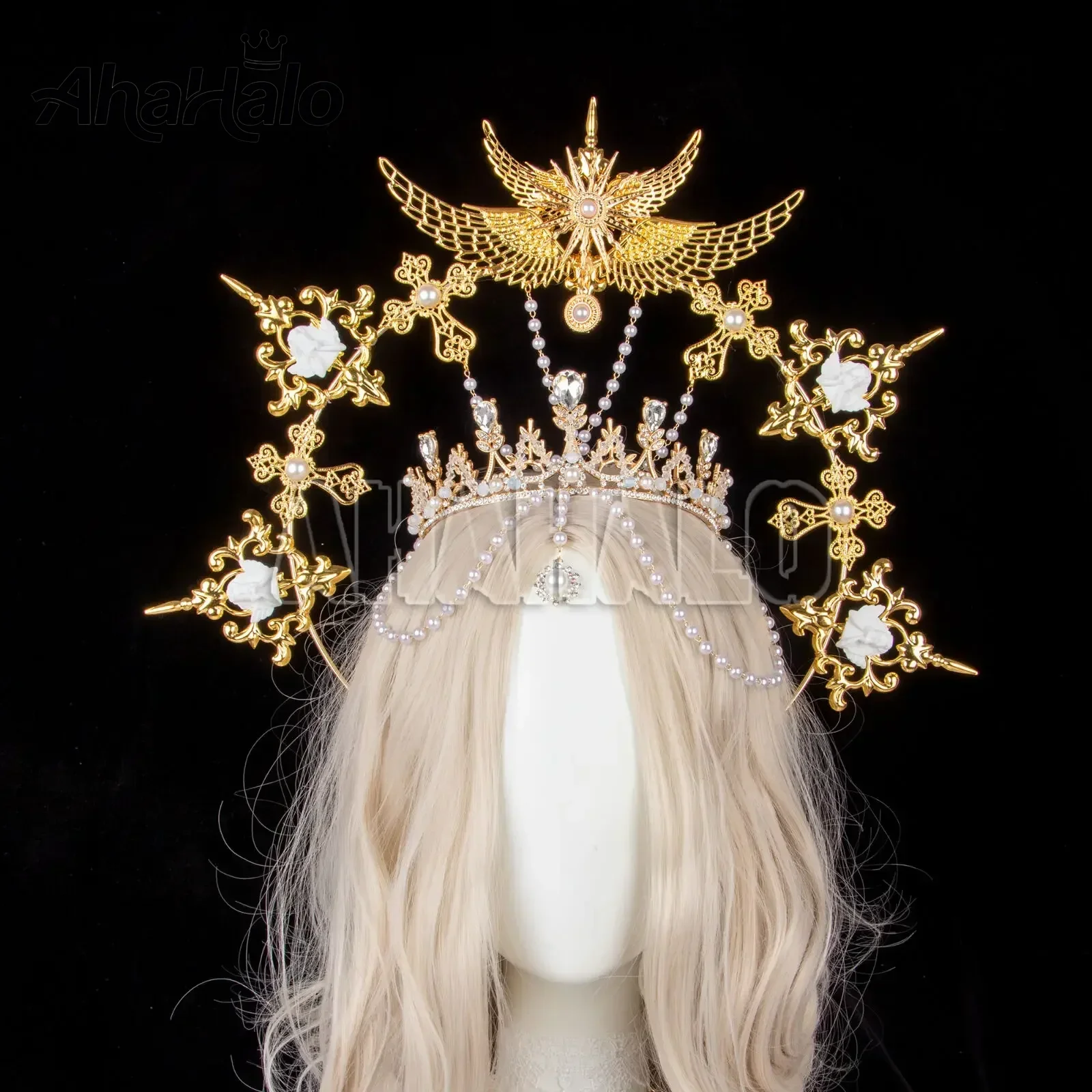 Fatto a mano argentato Mary Apollo Sun Halo Crown Lolita Fascia vintage Copricapo ala d'angelo Dea Copricapo per feste di Halloween
