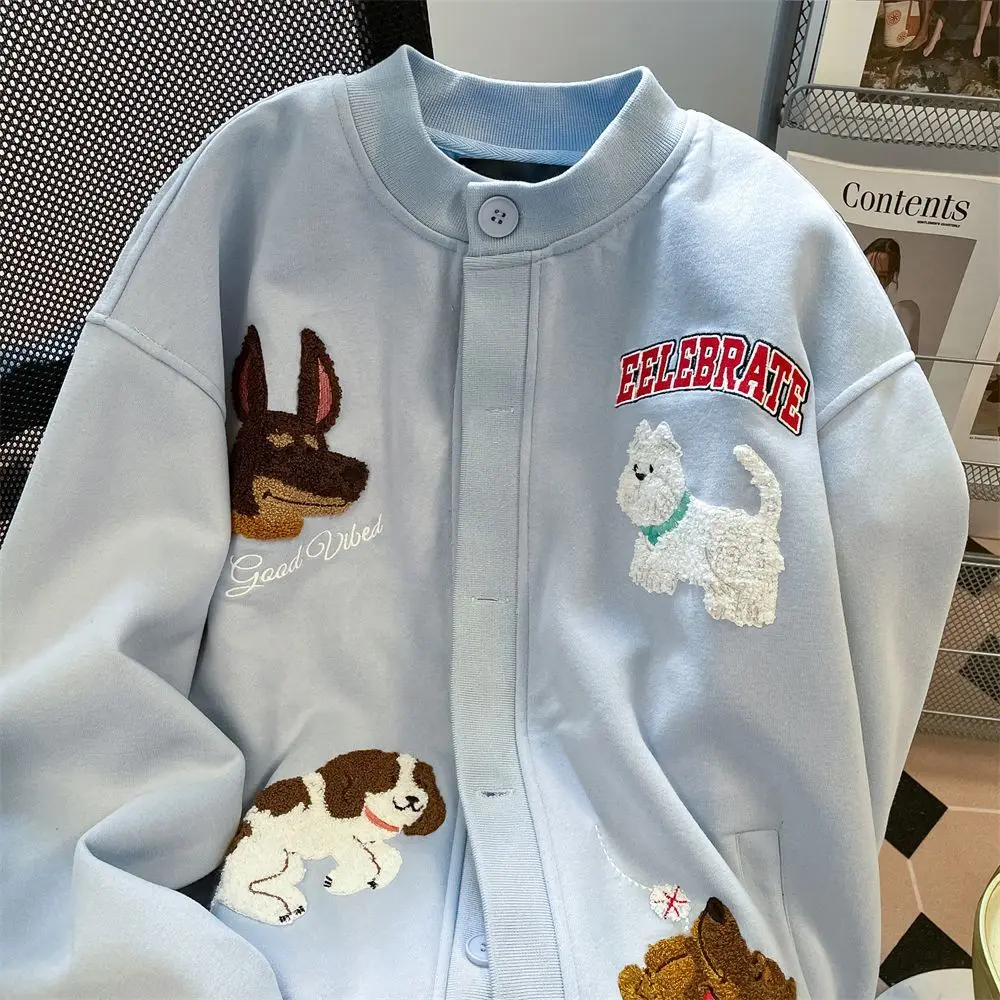 

Cute Dog Puppy Embroidery Cartoon Jackets American Baseball Jacket Oversize Sky Blue Korean Fashion Sweet Young Women Outerwear