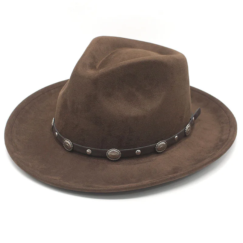 

Factory fashionable suede brown felt hat with belt decoration