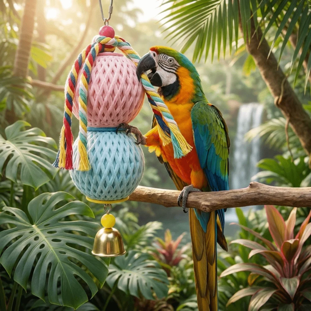 

Colorful Birds Hanging Chew Toy Bite Resistant Interactive Hamster Grinding Stone Cotton Rope Wear-resistant Bird Chew Stone