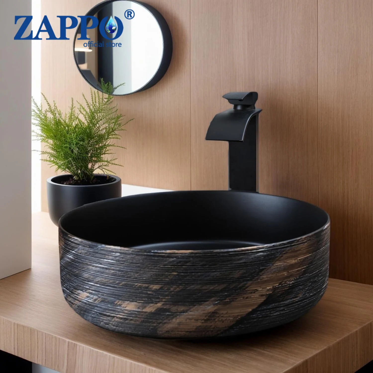 

Керамическая раковина ZAPPO с комплектом смесителя, черная с золотом, круглая, для установки на столешницу, для ванных комнат, 14 дюймов