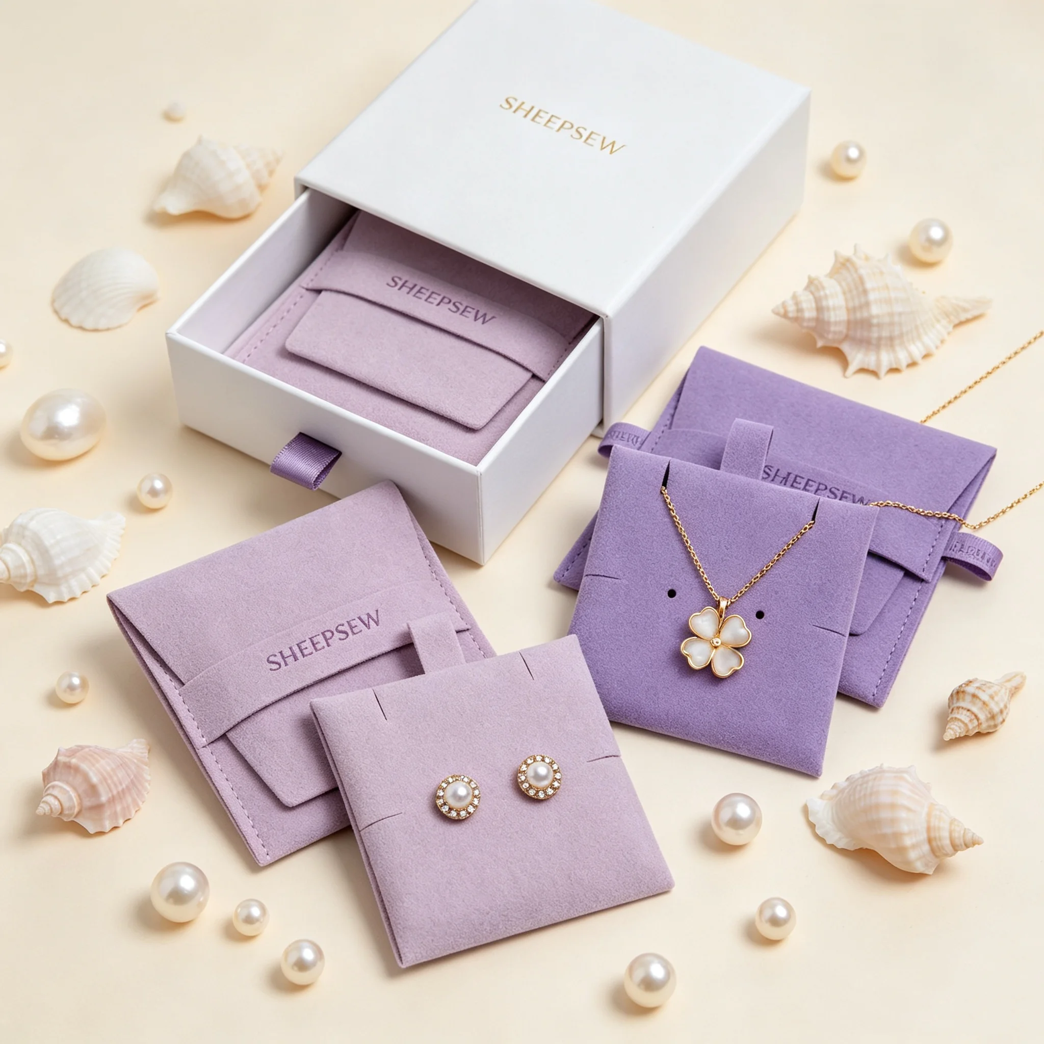 SheepSew Purple Custom Embossed Debossed Logo 8*8CM Microfiber Suede Envelope Jewelry Pouch With Earring Necklace Insert Card Du
