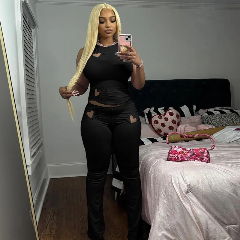 

Heart Hollow Women 2 Piece Set Summer Fashion Casual Solid Color Streetwear Sleeveless Vests and High Waist Skinny Pants Suit