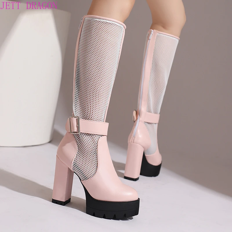 

Plus Size Mesh Fabric Splicing PU High Socks Boots Ankle Buckle Ultra Thick Heel Back Zipper Breathable Summer Knee High Boots