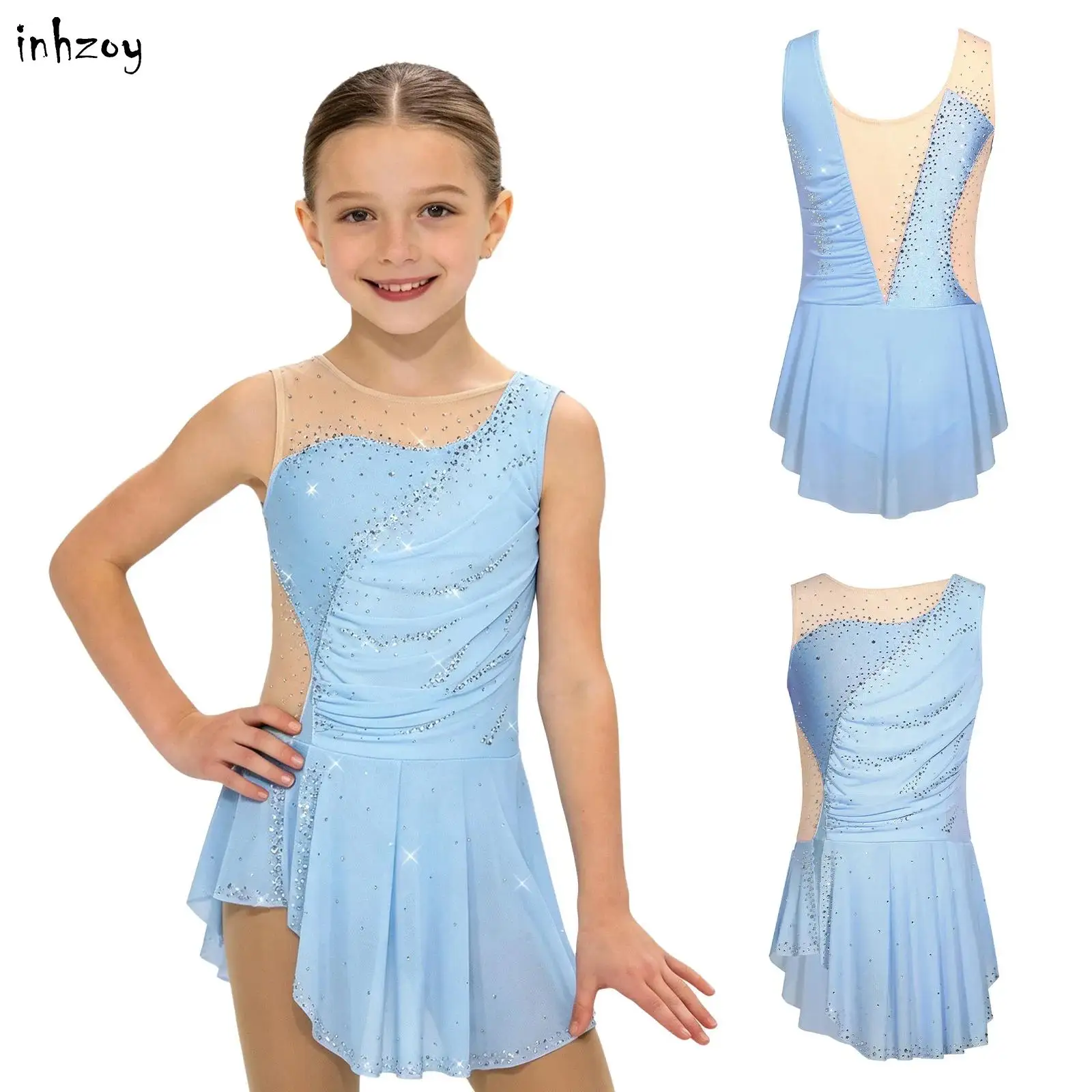 Vestido de bailarina para niñas, para patinaje artístico, danza, gimnasia rítmica, leotardo con malla fruncida, abertura lateral y brillantes pedrería.