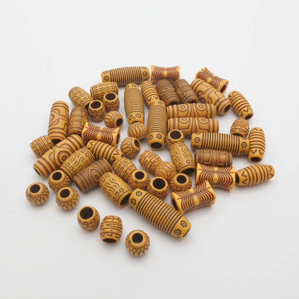 50pcs/Pack Mix Imitation Wood Plastic Crochet Hair Braid Dread Dreadlock Beads Rings Tube for Women Men Hair Accessories