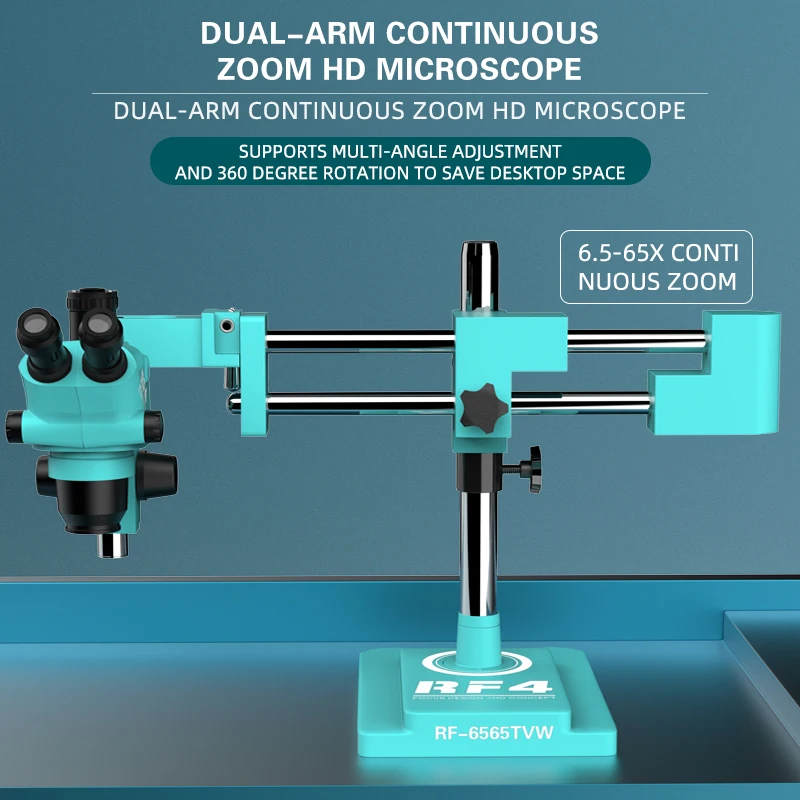 RF4 6,5-65X 360 °   Staffa a doppio braccio Zoom sincrono Ingrandimento Osservazione Microscopio stereo binoculare trioculare RF6565TW