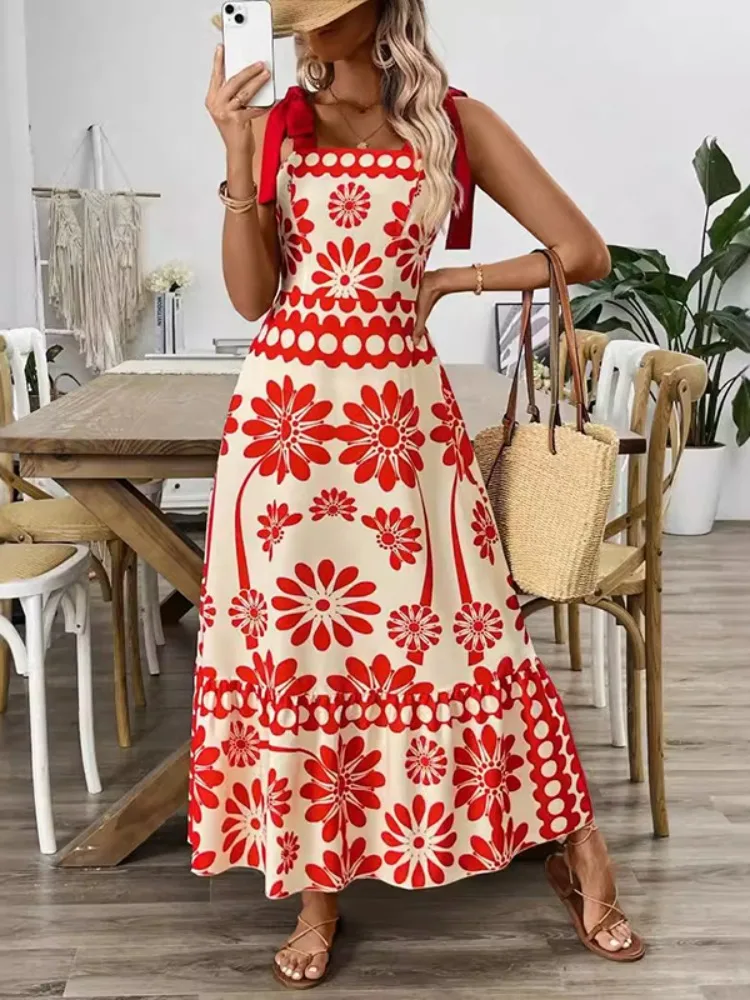 Onecozyday feminino impresso amarrado espaguete-pescoço boho maxi vestido 2025 verão moda férias vestidos de cintura alta vestido plissado