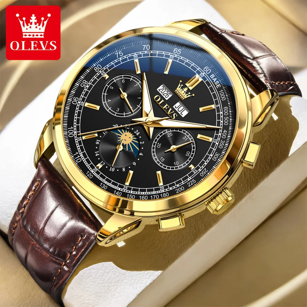 

Новые модные многофункциональные механические часы OLEVS для мужчин с кожаным ремешком, водонепроницаемые, с календарем и фазами Луны, автоматические.