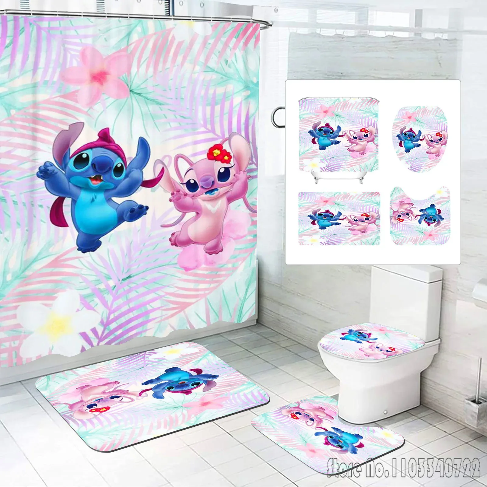 Stitch Disney Anime Bath Shower Curtain Set 4pcs with Hooks Waterproof Bathroom Toilet Mat Lid Decor