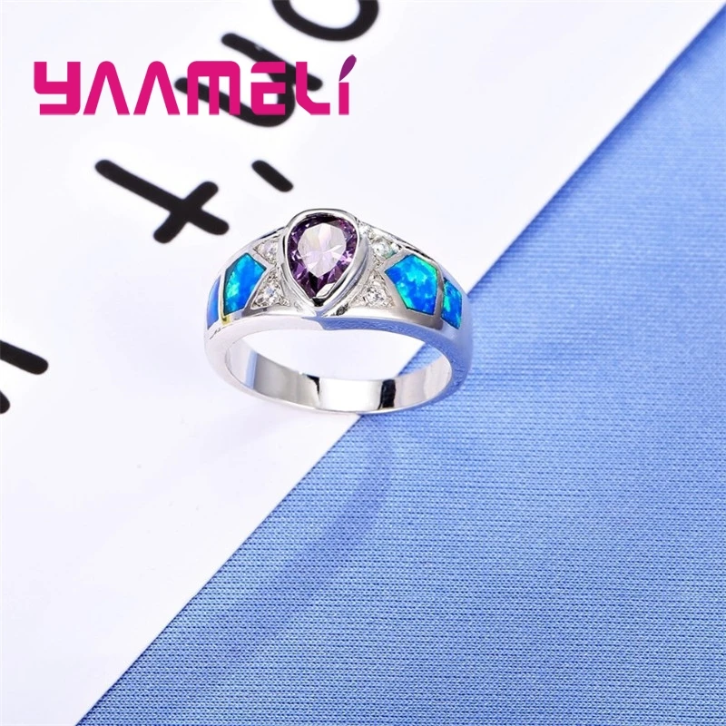 Winter Sale Exquisite Charming Water Drop Crystal Silver Ring Wide Blue Fire Opal Fashion 925 Sterling Silver Jewelry for Women