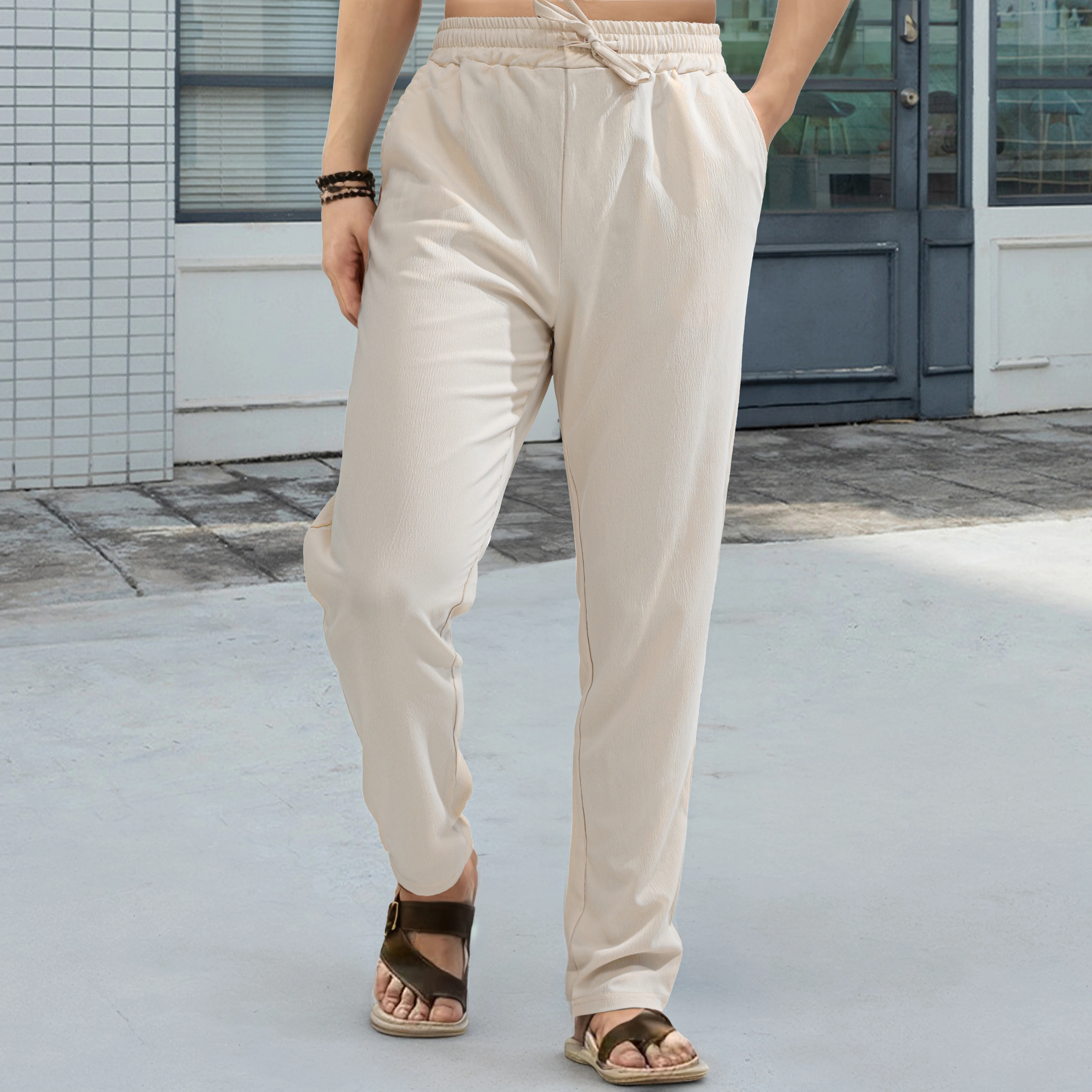 Spring and Autumn New Men's Pants Elastic Rope Solid Color Slim Fit Pants Fine Fiber Comfortable and Breathable Casual Style