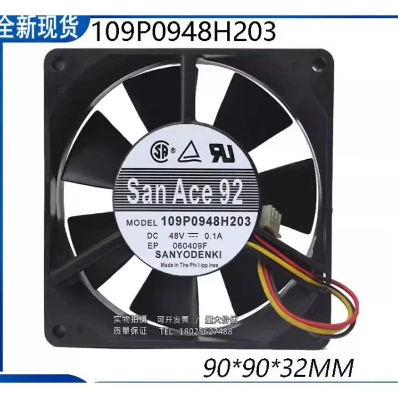 SANYO DENKI 109P0948H203 DC 48V 0.1A 90x90x32mm 3-Wire Server Cooling Fan