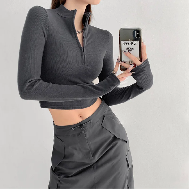 Solid Color Casual T-shirt Women Long Sleeve Turtleneck Crop Tops Sexy Simple Style Party Club 2023 Spring Summer New T-shirts