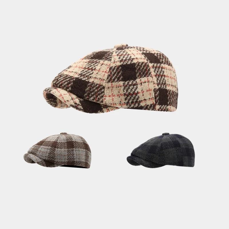 European American Retro Workwear Octagonal Hat Men Plaid Casual Newsboy Cap Women Autumn Winter Artistic Duck Tongue Hat