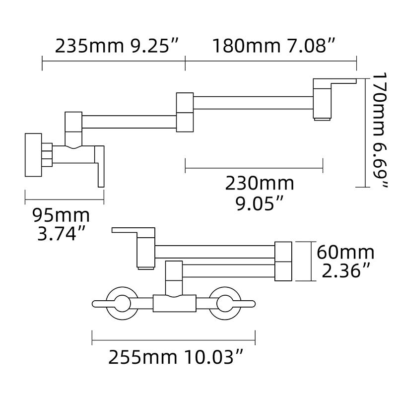 Grifo plegable de latón para cocina, grifería de cocina con brazos oscilantes DE DOBLE JUNTA, giratorio, montado en la pared para agua caliente y