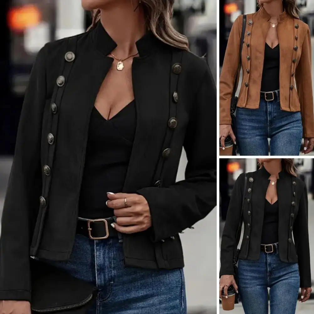 

Winter Autumn Women Jacket Half-high Collar Retro Long Sleeves Cardigan Double-breasted Decor Slim Fit Lady Coat