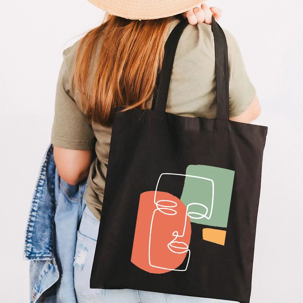 Bolso de mano de algodón de lona para mujer y niña, bolsa de mano con diseño geométrico de una línea de cara de flor minimalista abstracta, bolso de compras para estudiantes