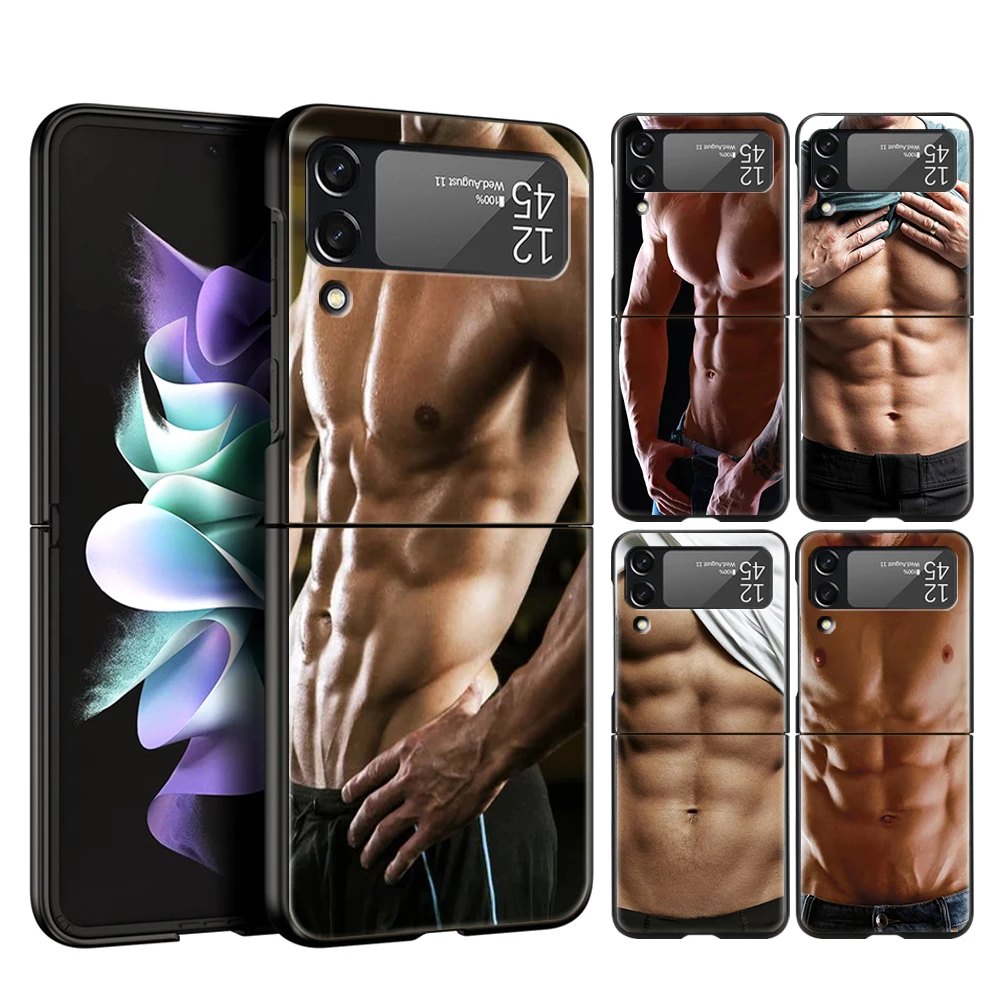 Male Abdominal Muscle Hard PC Phone Case For Samsung Galaxy Z Flip 6 5 4 Black ShockProof Cover for Samsung Z Flip 3 Shell Capas