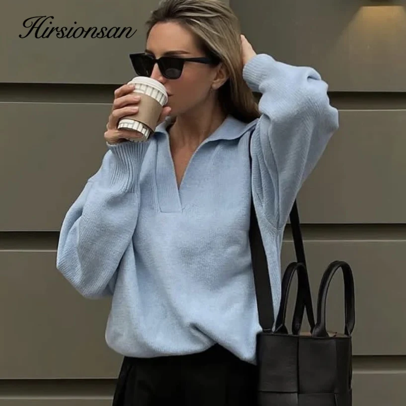 Hirsionsan Basic V Neck Knitted  Sweaters Women 2023 New Winter Loose Solid Ladies Pullovers Warm Korean Casual Knitwear Jumper