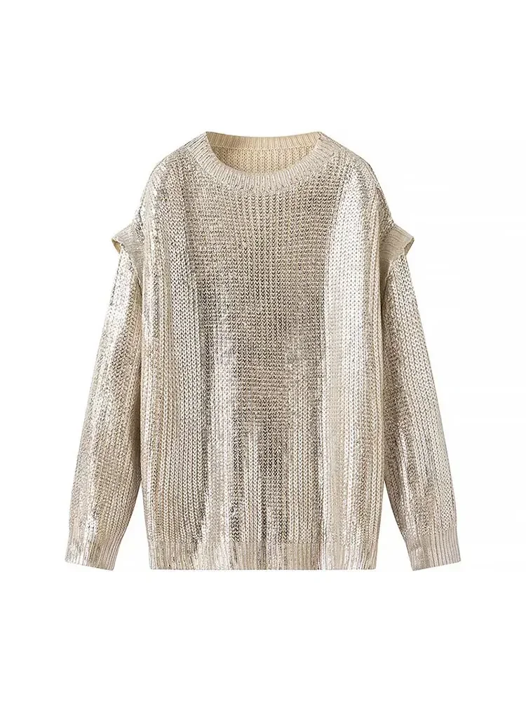 

2026 Women Luxury Pullovers Long Sleeve Sweater Metallic Knitted Sweaters Spring Gold Foil Sweater Woman Jerseys