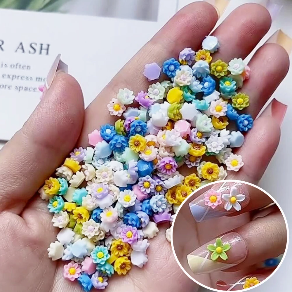 100Pcs Colorful Five-Petal Daisy Flowers Nail Art Decoration 10mm Mini Resin Flower Nail Charms DIY Manicure Acrylic Flowers