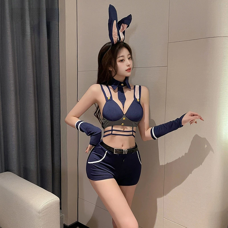 Hot Girl's Open Crotch Sexy Tank Tops Sets Midnight Rabbit Inspector Cosplay Women Zipper Crotchless Suits Bunny Girl Clubwear