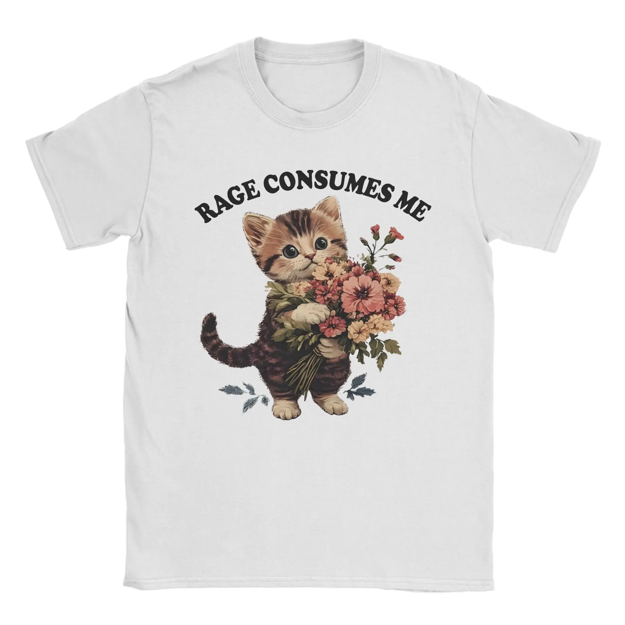 Rage Consumes Me Cat Flower Cute Kitty T Shirt Men 100% Cotton T-Shirts Crewneck  Tee Shirt Short Sleeve Clothes Original