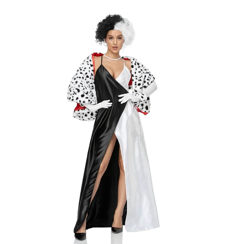 

New Arrive Cartoon Spotty Dog Owner Costume Halloween Women Clown Circus Horror Cruella De Vil Cosplay Wigs