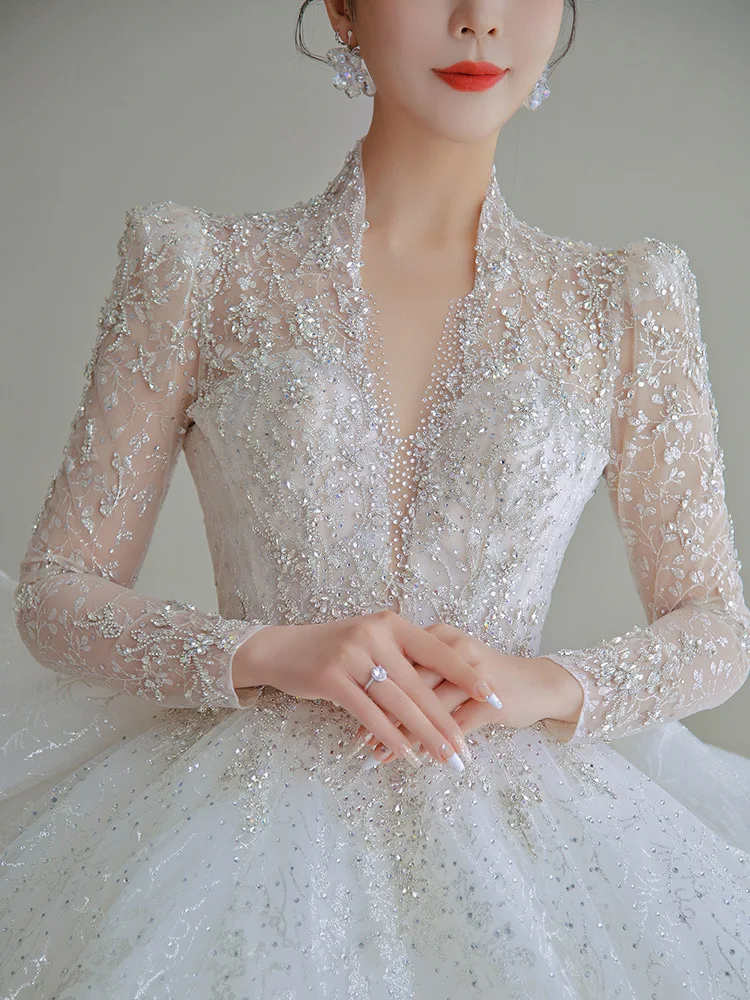 Long Sleeve Main New Wedding Dress Bride Heavy Work Large Tail French Small Starry Collar Court Style