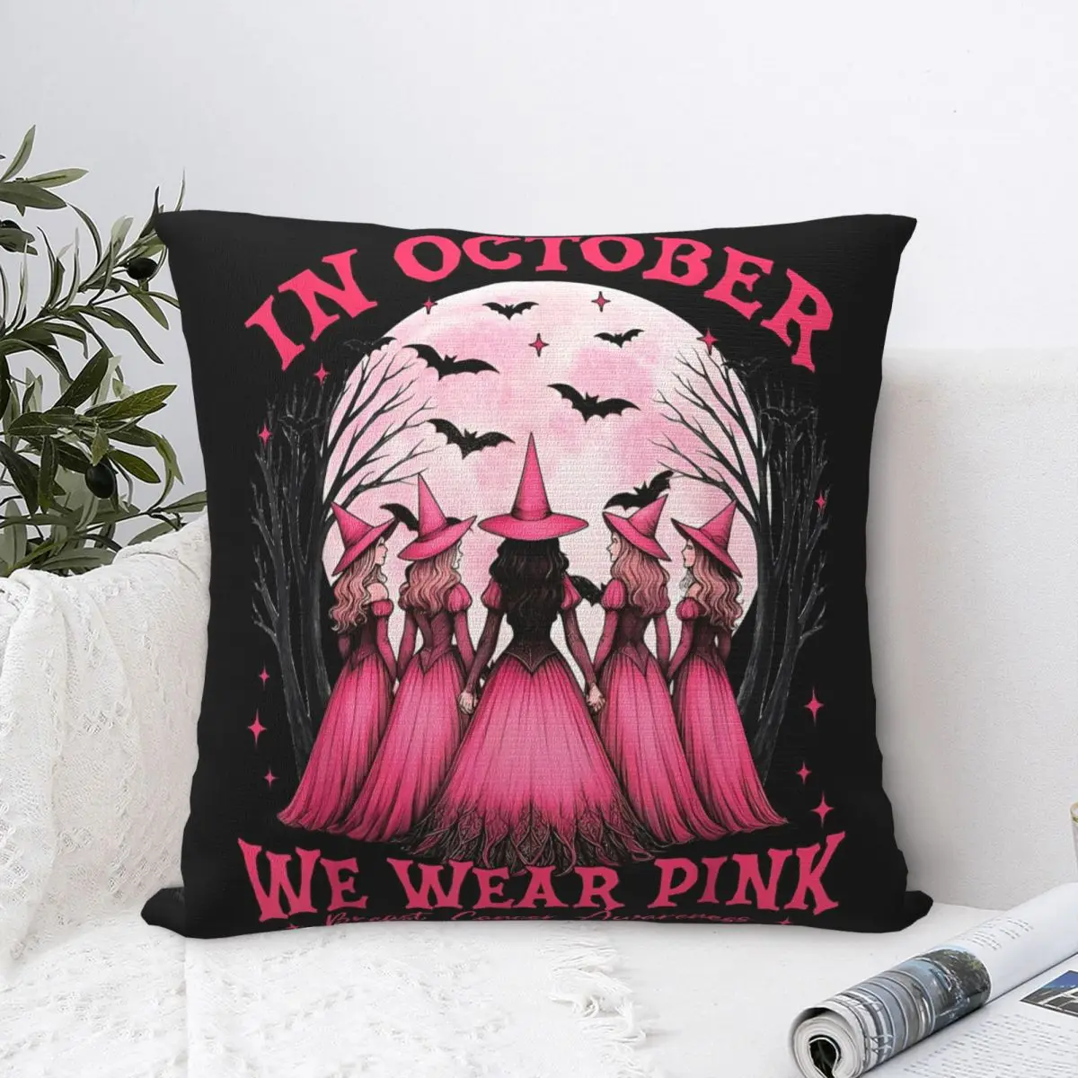 In October We Wear Pink Witch Breast Cancer Awareness Square Pillowcases Room Cushion Cover Cool Home Decoration Pillowcase