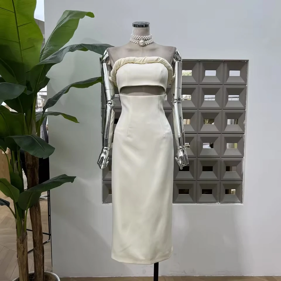

Solid Slimming Temperament Dresses for Women Strapless Sleeveless Patchwork Hollow Out Dress Female Clothing New