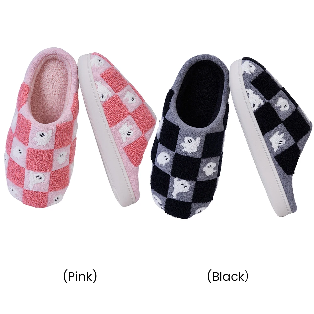 

Ghost Checkered Plush Slippers Warm Slip-on House Shoes Comfortable Fuzzy Checkerboard Slippers Non-Slip for Autumn Winter