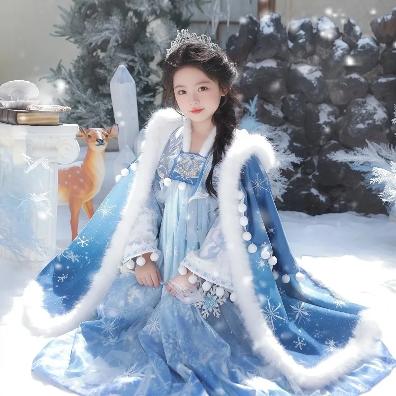 Girls' new autumn and winter New Year's greetings children's velvet cape princess dress