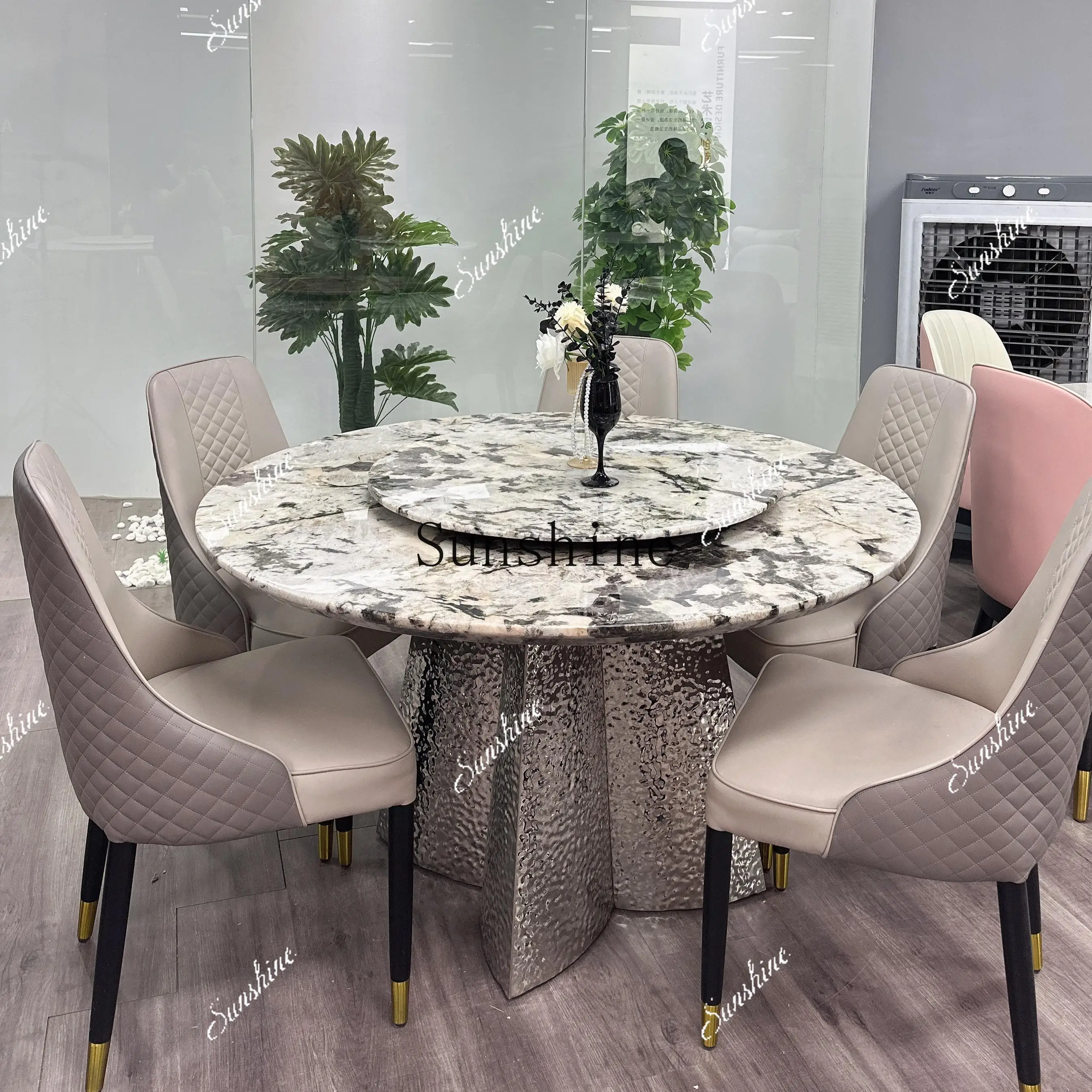 

Pure natural marble villa round Italian simple dining chair combination FT