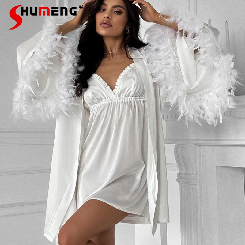 

Сексуальное платье из двух предметов Pure Desire, женская ночная рубашка с перьями, женская ночная рубашка на шнуровке с открытыми манжетами на груди, комплект домашней одежды