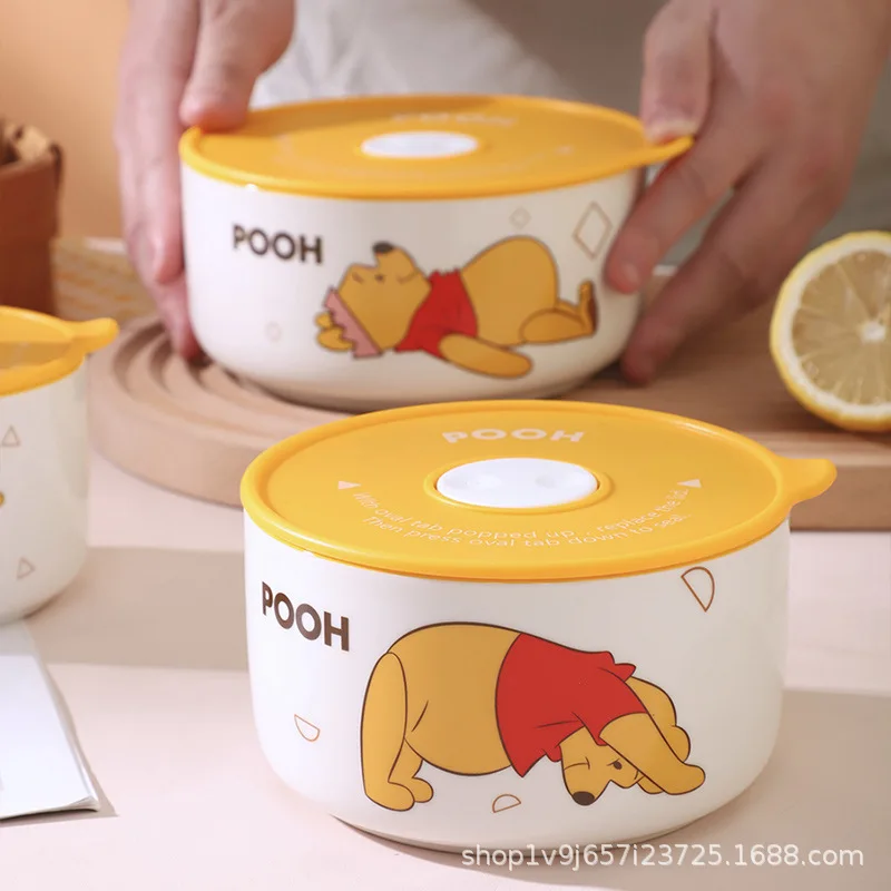 Disney Anime Winnie the Pooh Cartoon Tableware Ceramic Bowl with Cover Microwave Soup Bowl Thickened Student Lunch Box Gifts