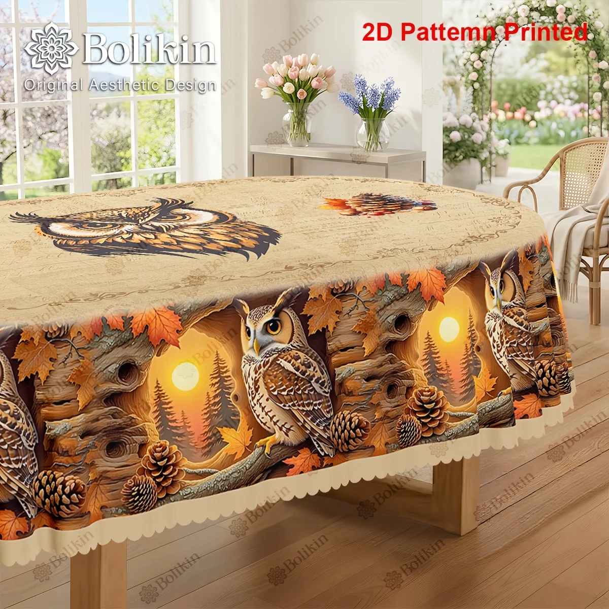 1 piece, an owl-themed tablecloth with a vintage autumn pinecone and maple leaf print designzyc